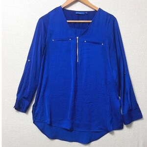 APT. 9 Womens XS Blue Long‎ Sleeve Blouse Shirt Zip Detail Gold Accents Career